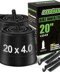 Heavy Duty Fat Tire Inner Tube 20x4.0 For E Bikes And Mountain Bikes With Schrader Valve 32mm, 2 Pack on display with levers