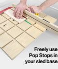 MicroJig MatchFit Pop Stop 6-Pack: Pro Go-To Dovetail Track Stops for versatile woodworking on a sled, close-up view