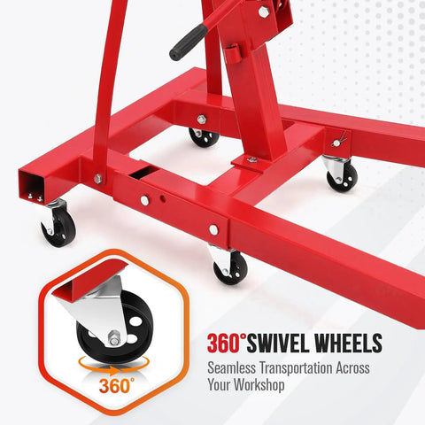 Heavy Duty 2 Ton Hydraulic Engine Hoist With Telescopic Boom And Six Smooth Roll Casters 4400 Pound showcasing 360° swivel wheels for easy maneuvering.