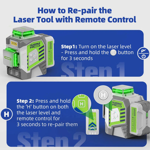 How to re-pair Rock Solid 360 Self Leveling Green Laser Level With 12 Dead On Cross Lines using remote control steps.