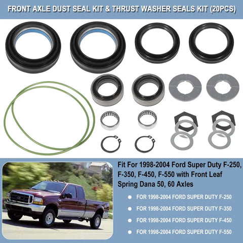 Ford Super Duty Front Axle Seals Kit With Outer Dust Seal Inner Tube Seal Needle Bearing Snap Ring And Thrust Washer For Dana 50 60 Front Axle On Excursion F250 F350 F450 1998 2004 components displayed
