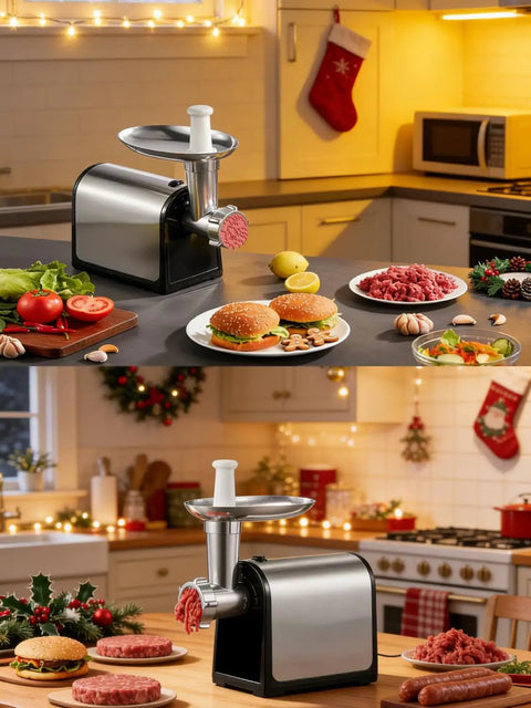 Heavy Duty Electric Meat Grinder With Sausage Stuffer Kit 3200W Peak 300W Rated in kitchen with burgers and ground beef
