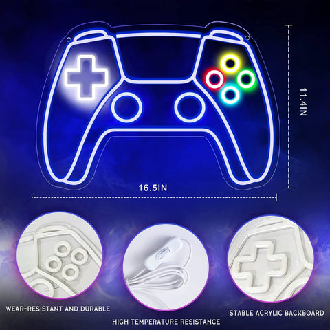 Gamepad Shaped LED Neon Sign for Gaming Room Decor dimensions and blue glow, featuring USB cable details.
