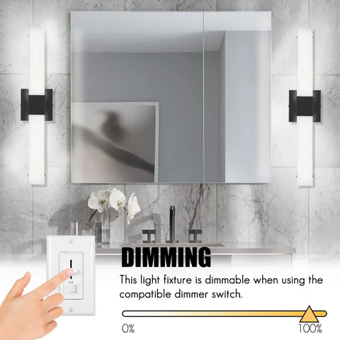 24 Inch Dimmable Bathroom Vanity Light Matte Black Wall Mount With 20W LED Three Color Temperatures 3000K 4000K 5000K Over Mirror Sleek Dope Lighting For Bath Or Powder Room Adjustable Brightness, shown with dimming feature by a mirror.