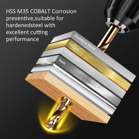 Cobalt Drill Bit Set M35 HSS 13 Piece cutting through wood, iron, and stainless steel layers