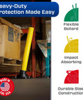 Hardened Steel Rebounding Bollard Post With Shock Absorbing Elastomer Base For Bulletproof Parking Area Security And Durable Vehicle Barrier Protection Built Tough As Nails In The USA At 4X42, flexible yellow bollard in warehouse.