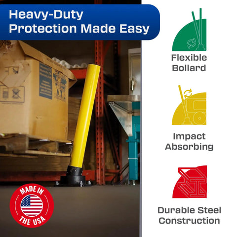 Hardened Steel Rebounding Bollard Post With Shock Absorbing Elastomer Base For Bulletproof Parking Area Security And Durable Vehicle Barrier Protection Built Tough As Nails In The USA At 4X42, flexible yellow bollard in warehouse.