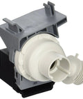 137038700 Drain Pump and Motor Replacement for Washing Machines, white plastic housing, side view.