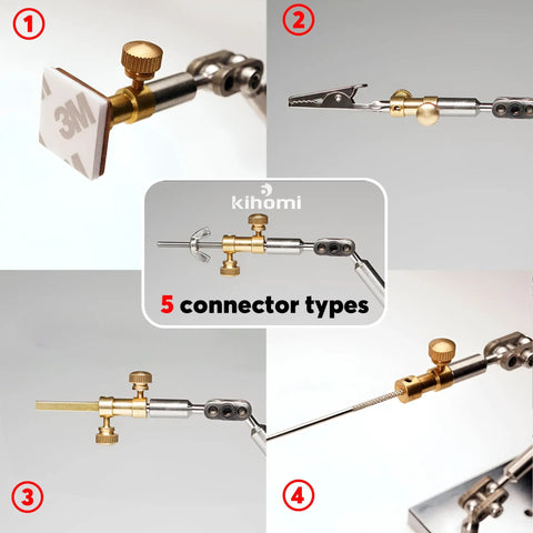 Stainless Steel Stop Motion Rig Arm With Five Flexible Joints For Smooth Animated Shots CNC Machined Armature Support Tool For Hobbyists And Studios Pro Grade Rig Holds Up To 280g, five connector types shown