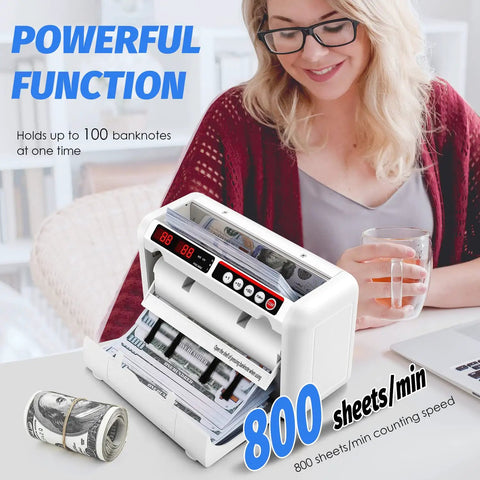 Portable Battery Operated Bill Counter With UV And MG Detection, 800 Bills Per Minute on table in home setting