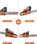 Beast 62cc Gas Powered Chainsaw With 20 Inch Bar For Tree Cutting And Firewood, 360-degree view showing front, back, left, right angles.