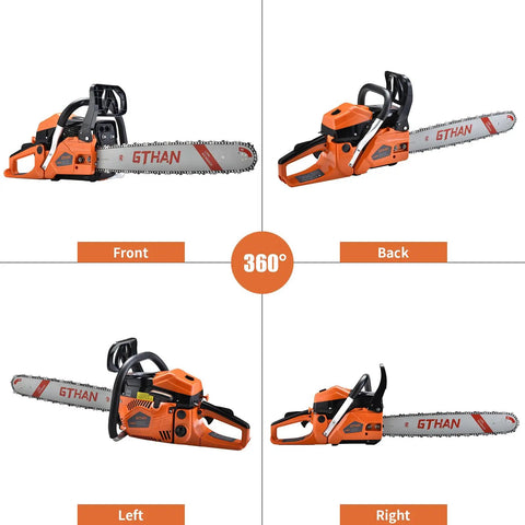 Beast 62cc Gas Powered Chainsaw With 20 Inch Bar For Tree Cutting And Firewood, 360-degree view showing front, back, left, right angles.