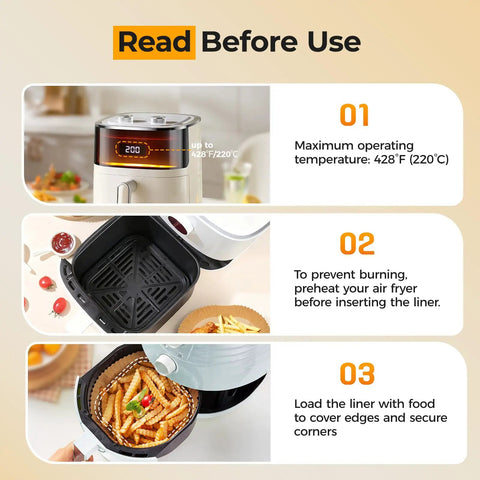 Image showing instructions for 125 Pcs 8 Inch Square Air Fryer Liners Disposable Parchment Paper Nonstick Cooking Mats usage and maximum temperature.