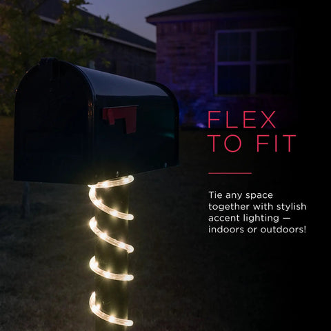 Led Rope Lights 50ft Classic Clear Warm White 3000K For Indoor And Outdoor Use wrapped around a mailbox at night.