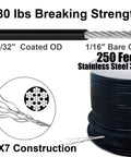 Close-up of 250ft vinyl-coated 304 stainless steel wire with specs for Ultimate 250ft Globe String Light Suspension Kit.