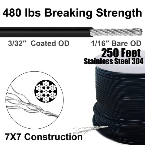 Close-up of 250ft vinyl-coated 304 stainless steel wire with specs for Ultimate 250ft Globe String Light Suspension Kit.