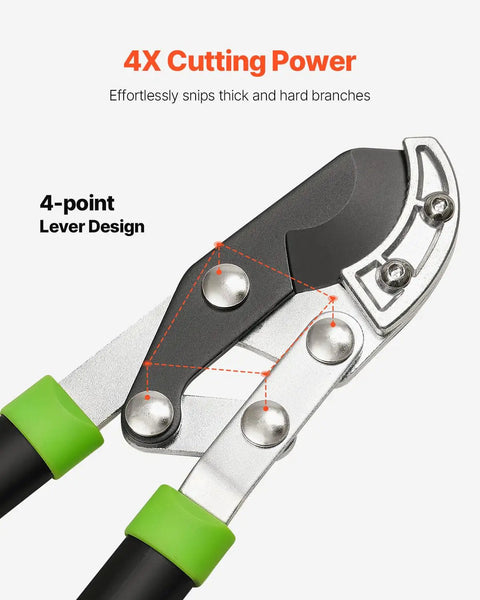 Close-up of 32 Inch Anvil Lopper For Tree Trimming With Compound Action Pro Grade Heavy Duty Steel Blade and ergonomic handles