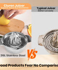 Heavy Duty 316L Stainless Steel Lemon Squeezer And Manual Citrus Juicer Press For Oranges Limes Grapefruit Kitchen Essential next to a rusty juicer.