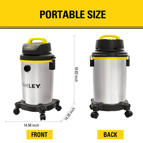 Heavy Duty Wet And Dry Vacuum Cleaner With 4 Gallon Tank And 4 HP Power, stainless steel canister front and back view