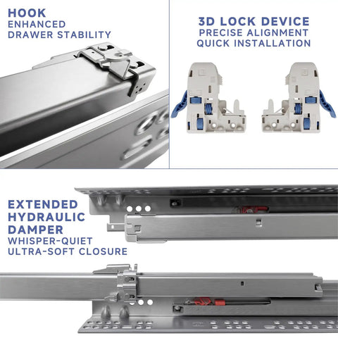 Smoove 21 Inch Undermount Drawer Slides Soft Close Heavy Duty Silent Glide For Kitchen Cabinet Reno 3D lock device and hydraulic damper features