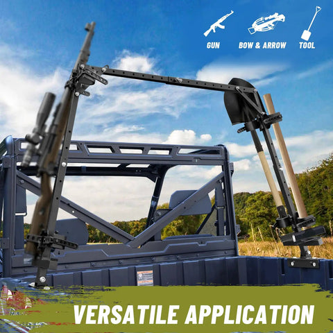 UTV Hunting Tool Holder Rack for Cargo Bed Universal Adjustable SXS Gear Mount Heavy Duty Bracket on UTV with tools