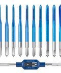 10 Piece Micro Tap Set M1 To M3.5 With Handy Adjustable Wrench for hand tapping tiny micro threads, shown with tap sizes
