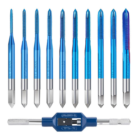 10 Piece Micro Tap Set M1 To M3.5 With Handy Adjustable Wrench for hand tapping tiny micro threads, shown with tap sizes