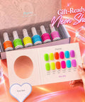 Six Color Neon Gel Nail Polish Set 15ml HEMA Free Soak Off UV LED Kit with display card and gift box on orange background