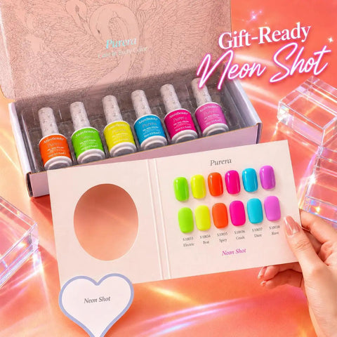 Six Color Neon Gel Nail Polish Set 15ml HEMA Free Soak Off UV LED Kit with display card and gift box on orange background