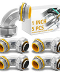 Built Tough Liquid Tight Connector 90 Degree Insulated Zinc Die Cast Metal Tight Electrical Conduit Connector For Flexible Type B Waterproof Nonmetallic Conduit 5 Pcs 1 Inch displayed with packaging and four additional connectors