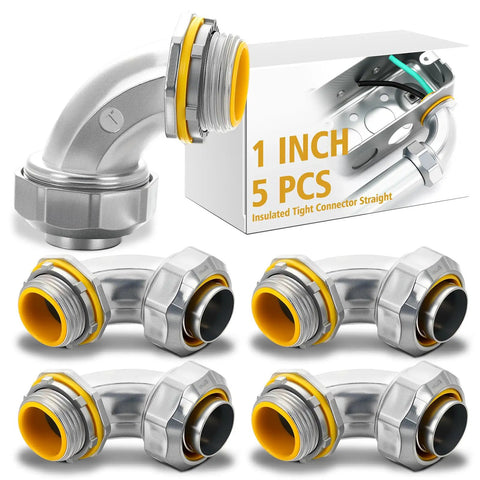 Built Tough Liquid Tight Connector 90 Degree Insulated Zinc Die Cast Metal Tight Electrical Conduit Connector For Flexible Type B Waterproof Nonmetallic Conduit 5 Pcs 1 Inch displayed with packaging and four additional connectors