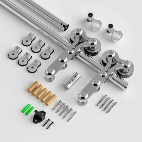 Components of 9 Foot Stainless Steel Sliding Door Hardware Kit For Wooden Barn Doors, Heavy Duty And Smooth Operation