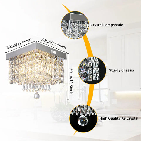 Dope Modern Square Raindrop Crystal Chandelier Flush Mount Ceiling Light Fixture For Dining Room And Bedroom 11.81 in size