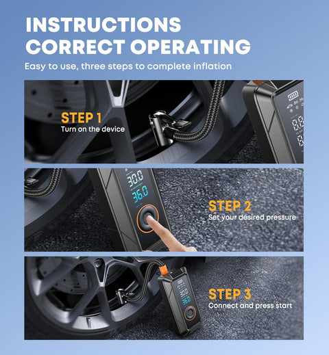 Portable Tire Inflator Air Compressor With Digital Pressure Gauge showing step-by-step instructions next to a car tire