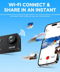 Smartphone displaying app with Kickass 4K Action Camera With 40MP Photo, 3 Axis EIS, 170 Degree FOV, Waterproof Underwater Ready, 5X Zoom