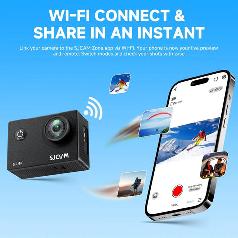 Smartphone displaying app with Kickass 4K Action Camera With 40MP Photo, 3 Axis EIS, 170 Degree FOV, Waterproof Underwater Ready, 5X Zoom