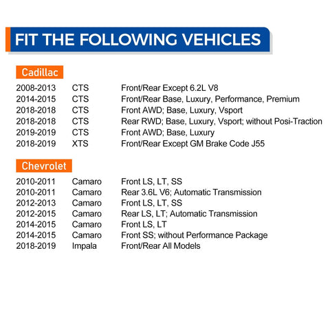 Compatibility chart for Set Of 2 Front And Rear Wheel Bearing Hub Assemblies With Encoder And ABS for Cadillac CTS, Chevy Camaro, Impala.