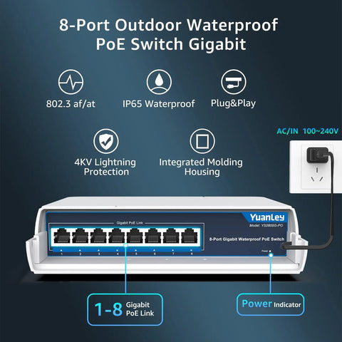 Outdoor 8 Port PoE Switch With Waterproof Housing showing front view with eight Ethernet ports and power indicator lights.