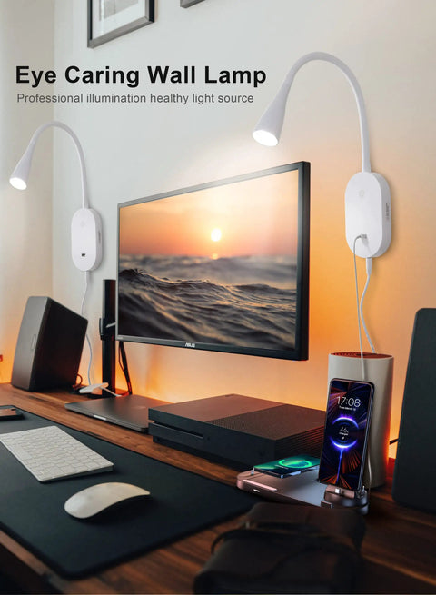 LED Wall Mount Bedside Reading Light With USB Output, 5 Brightness Levels, Touch Control installed near a computer.