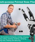 Solid Grip Multifunctional Wire Stripper And Crimper Pliers All In One Cable Cutter, showing a man using pliers for electrical work.