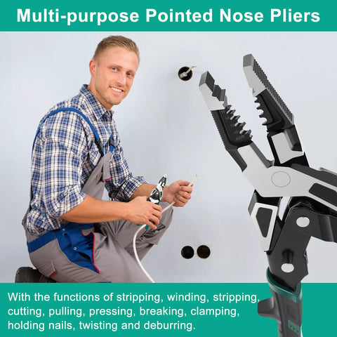 Solid Grip Multifunctional Wire Stripper And Crimper Pliers All In One Cable Cutter, showing a man using pliers for electrical work.
