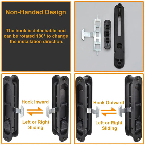 Replacement Sliding Screen Door Handle And Latch With Keeper In Black Zinc Alloy, showing hook attachment and non-handed design