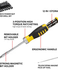 28 Piece Magnetic Ratcheting Screwdriver Set With CRV Bits Nut Drivers And Telescoping Magnetic Pickup Tool features.