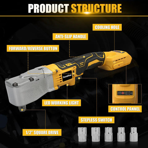 Heavy Duty Right Angle Impact Wrench Compatible With Dewalt 20V Max Cordless showing anti-slip handle and control panel.