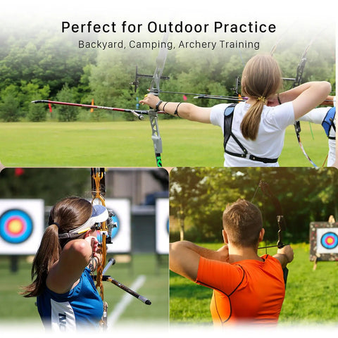 Archers practicing with bows and 20 Inch Straw Archery Target For Backyard Practice in outdoor setting