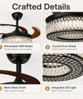 Close-up of efperfect 42 Inch Black Crystal Fandelier Ceiling Fan with Light and Remote features, showcasing crystals and blades.