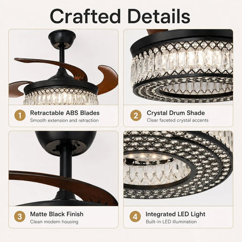 Close-up of efperfect 42 Inch Black Crystal Fandelier Ceiling Fan with Light and Remote features, showcasing crystals and blades.