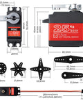 Beefy 25KG High Torque RC Servo Waterproof Full Metal Gear With 25T Horn and parts, dimensions shown, for RC cars.