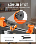 Workhorse Benchtop Wood Lathe 10x18 Inch for DIY woodworking, showing flower stand, wooden mallet, and wrenches in workshop setting