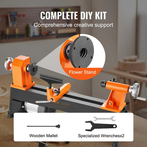 Workhorse Benchtop Wood Lathe 10x18 Inch for DIY woodworking, showing flower stand, wooden mallet, and wrenches in workshop setting